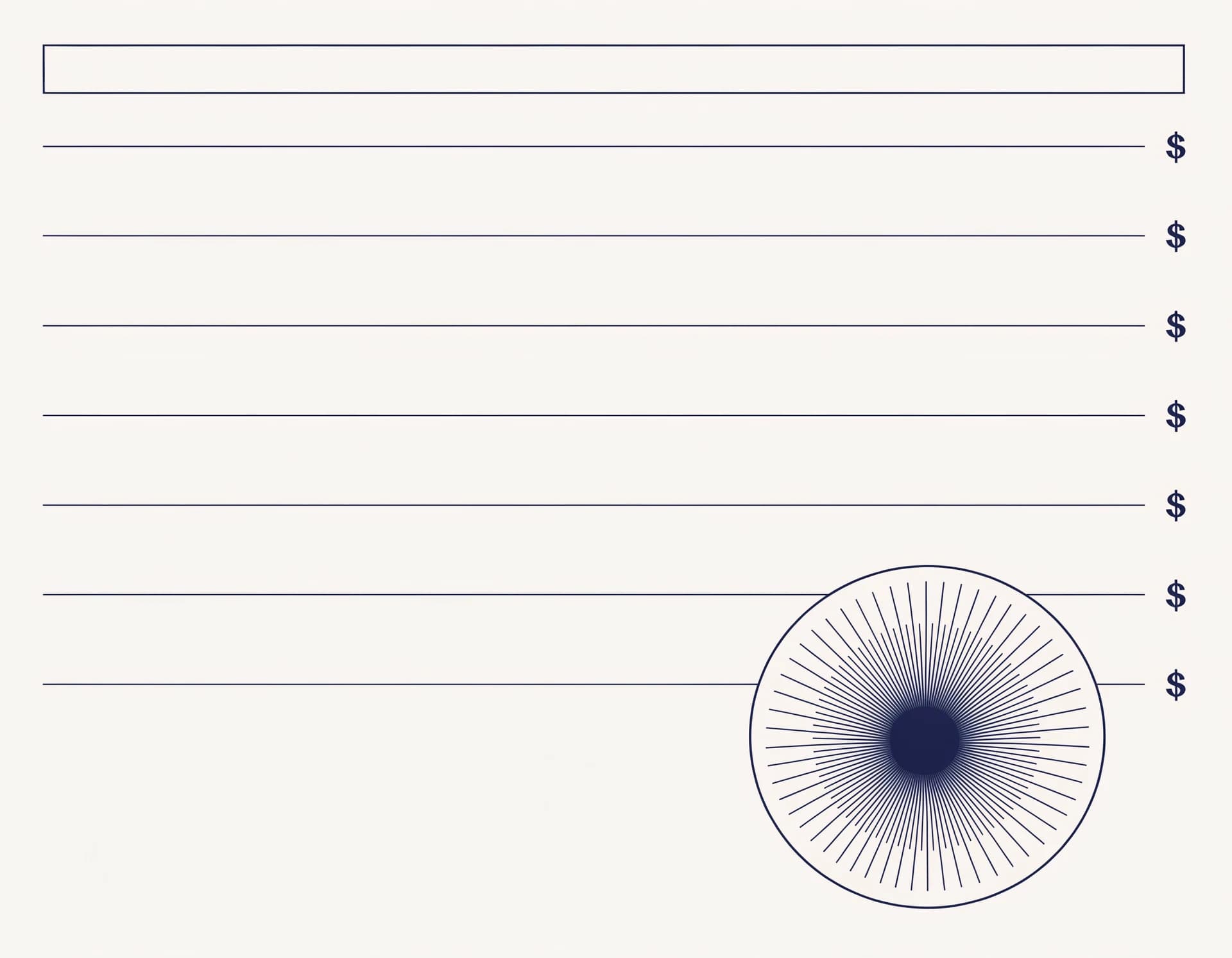 Minimalist ledger schematic with hairline rules, dollar marks, and a magnifier detail