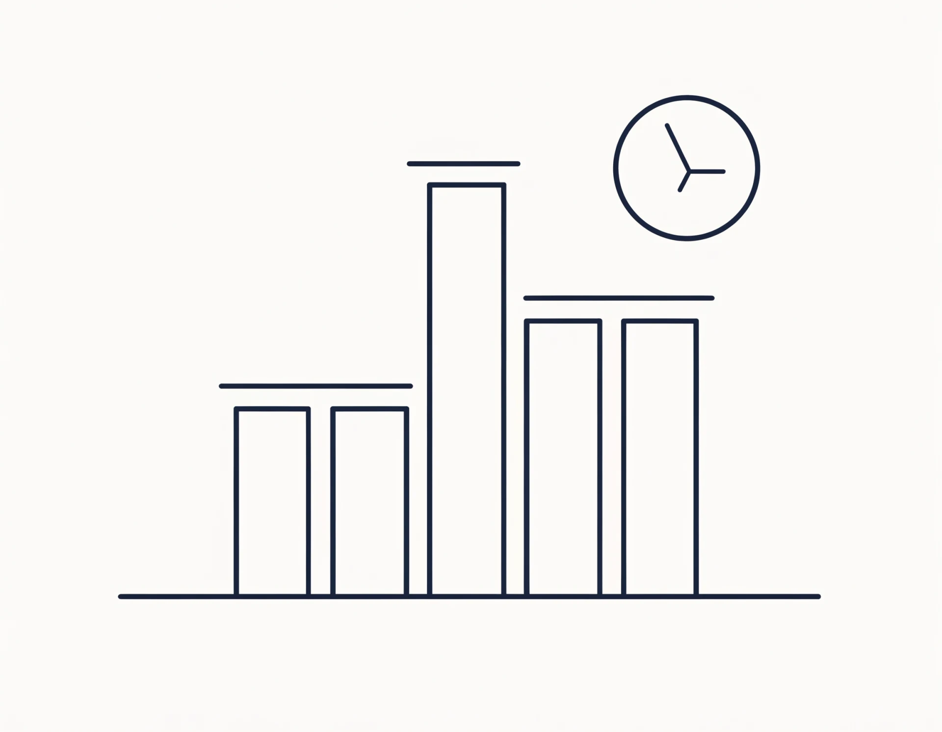 Sparse hours bar chart with overtime peak and a clock detail in hairline strokes