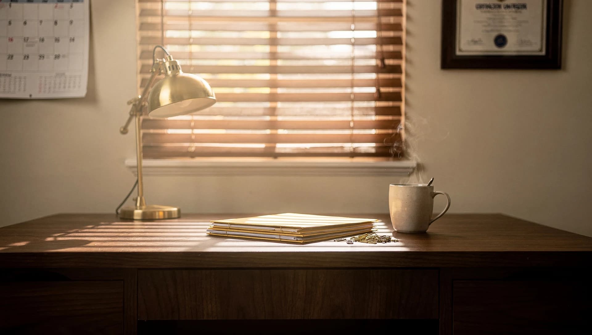 Contractor office desk with manila folders, brass paperclips, and a steaming coffee mug in soft late-morning light through wooden blinds